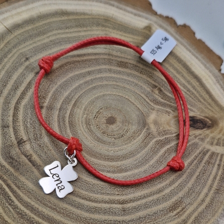 Bransoletka srebrna koniczynka z grawerem sznurek srebro 925